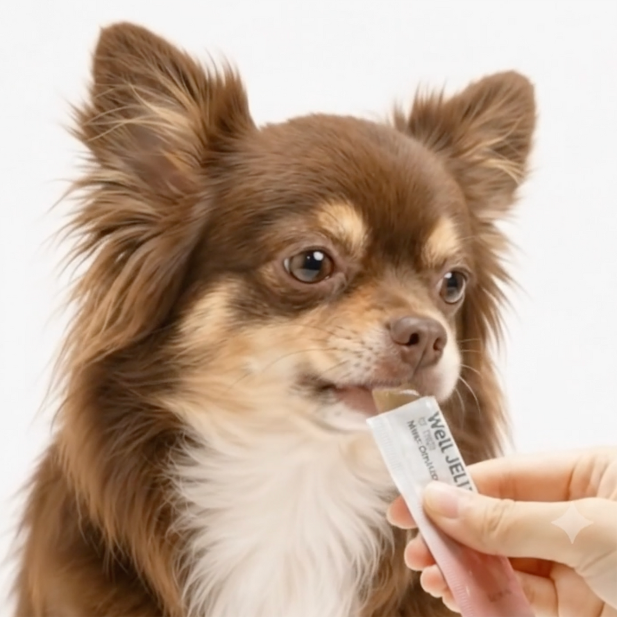 イチゴ味のゼリーを食べる犬